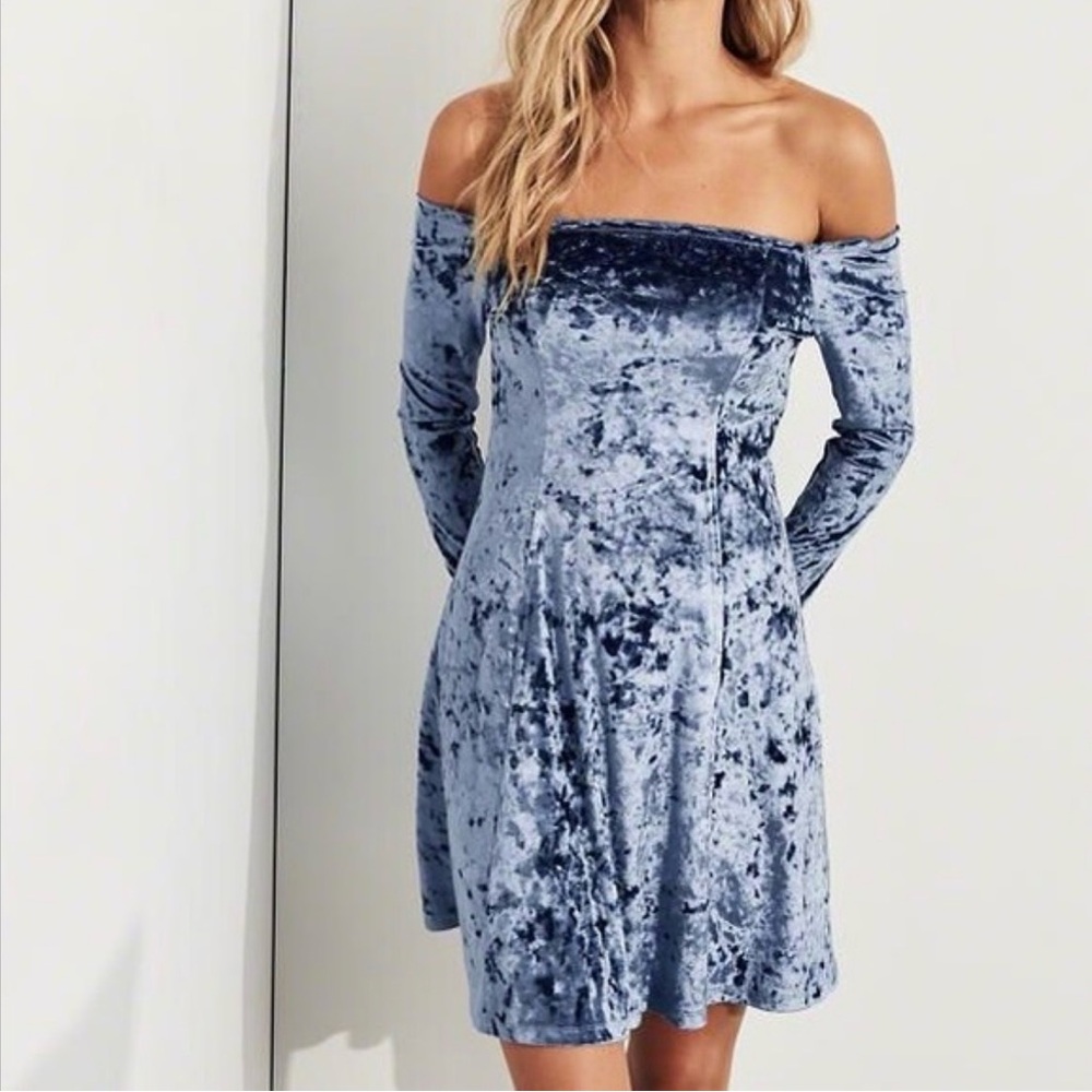 Hollister Whimsygoth Light Blue Crushed Velvet Off-Shoulder Dress